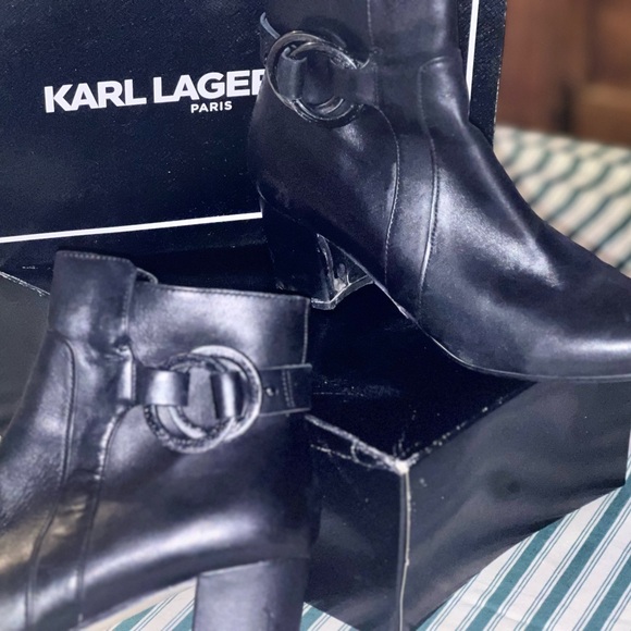 Karl Lagerfeld Black Heeled Boots with Buckle Detail - Picture 1 of 7